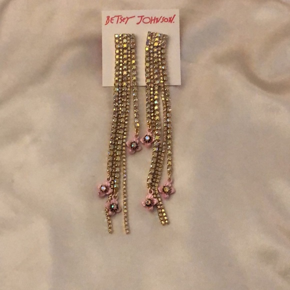 Betsey Johnson Gold Tone Crystal Cup Chain Fringe Drop Earrings Flower Accent - Picture 8 of 11